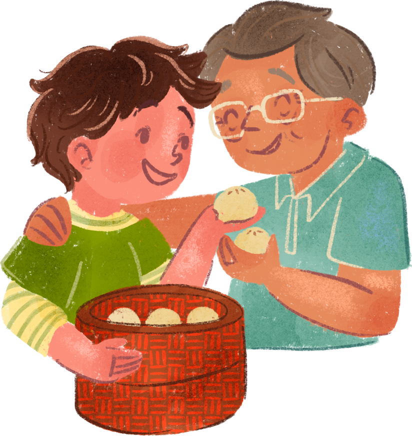 Storybook Style Grandfather and Grandson Making Dumplings