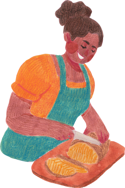 Cartoon Painted Home Cooks Cutting Bread